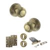 Old English Ripon Door Knob Pack (Lock Set - Horizontal Sashlock, 4" Slim Knuckle Hinges x2) - Antique Brass