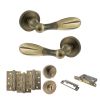 Old English Cambridge Door Handle Pack (Bathroom Set - 3" CE Bathroom Lock, 4" Fire Rated Hinges x3) - Matt Antique Brass