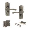 Old English Warwick Door Handle Pack (Bathroom Set - 3" CE Bathroom Lock, 4" Slim Knuckle Hinges x2) - Matt Gun Metal