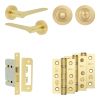 Complete Gio Door Handle Pack - Bathroom Lock (Standard Thumb Turn) - Satin Brass - 65mm / 3-inch Hinges - JE-E5B3-SB
