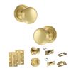Old English Harrogate Door Knob Pack (Bathroom Set - 3" Deadbolt, 4" Slim Knuckle Hinges x2) - Satin Brass