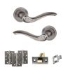 Old English Warwick Door Handle Pack (Latch Set - 2.5" CE Latch, 4" Fire Rated Hinges x3) - Distressed Silver