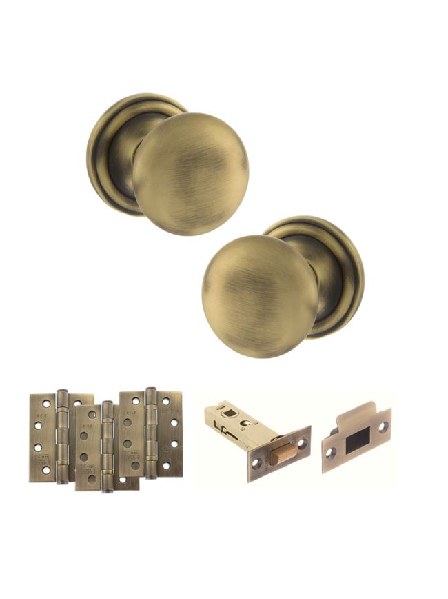 Old English Harrogate Door Knob Pack (Latch Set - 3" HD Latch, 4" Fire Rated Hinges x3) - Matt Antique Brass