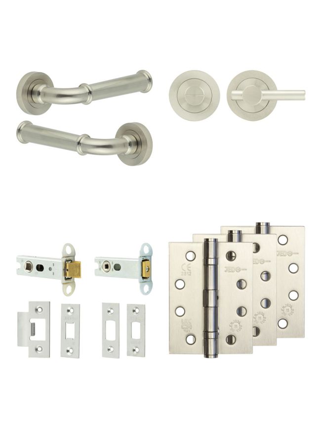 Complete Classic Door Handle Pack - Heavy Duty Tubular Bathroom (Plain Thumb Turn) - Satin Nickel - 76mm / 4-inch Hinges - JE-A31A2-SN