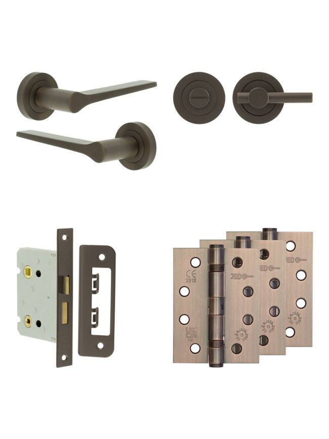 Complete Gio Door Handle Pack - Bathroom Lock (Plain Thumb Turn) - Dark Bronze - 76mm / 4-inch Hinges - JE-E6A2-DB