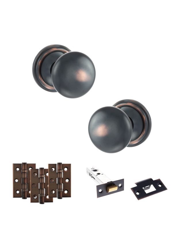 Old English Harrogate Door Knob Pack (Latch Set - 4" HD Latch, 3" Fire Rated Hinges x3) - Antique Copper