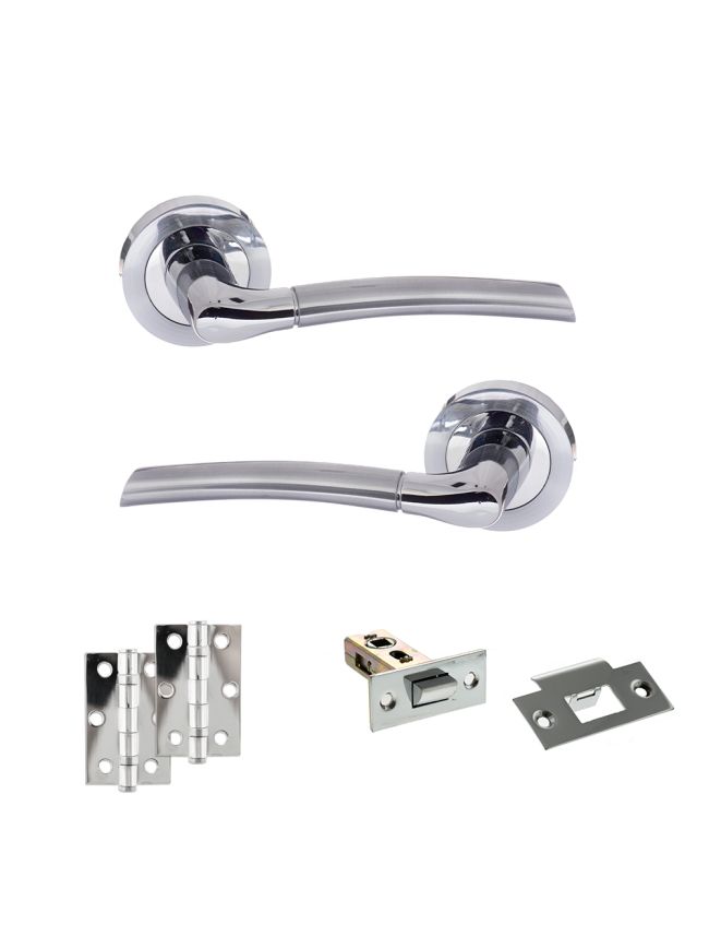 Eco Swell Door Handle Pack (Latch Set - 2.5" Latch, 3" Hinges x2) - Satin Chrome/Polished Chrome