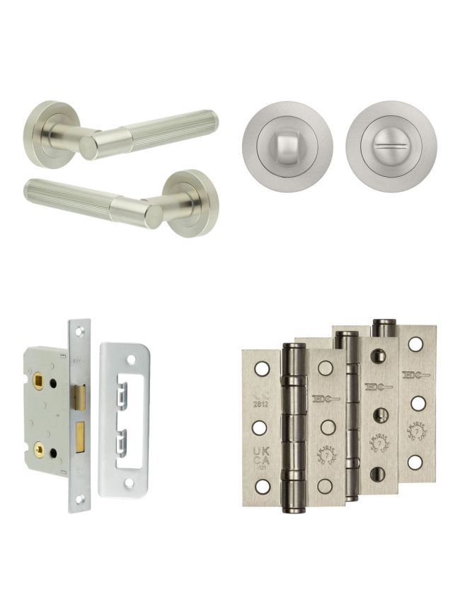 Complete Venice Door Handle Pack - Bathroom Lock (Standard Thumb Turn) - Satin Nickel - 65mm / 3-inch Hinges - JE-F5B3-SN