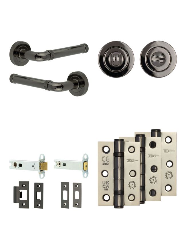 Complete Midtown Door Handle Pack - Heavy Duty Tubular Bathroom (Standard Thumb Turn) - Black Nickel - 102mm / 3-inch Hinges - JE-G32B3-BN
