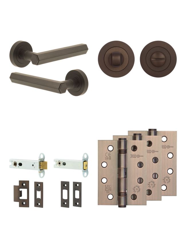 Complete Hex Door Handle Pack - Heavy Duty Tubular Bathroom (Standard Thumb Turn) - Dark Bronze - 102mm / 4-inch Hinges - JE-C32A3-DB