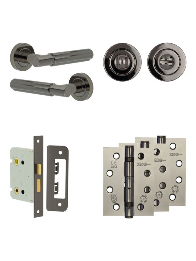 Complete Bloom Door Handle Pack - Bathroom Lock (Standard Thumb Turn) - Black Nickel - 76mm / 4-inch Hinges - JE-B6A3-BN