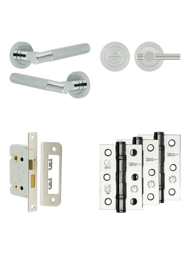 Complete Bari Door Handle Pack - Bathroom Lock (Knurled Thumb Turn) - Polished Chrome - 65mm / 3-inch Hinges - JE-D5B1-PC