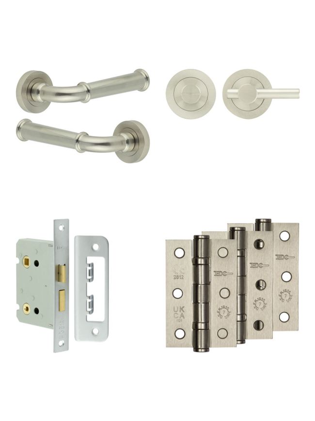 Complete Classic Door Handle Pack - Bathroom Lock (Plain Thumb Turn) - Satin Nickel - 76mm / 3-inch Hinges - JE-A6B2-SN