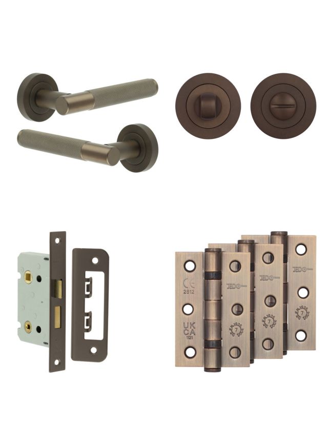 Complete Bari Door Handle Pack - Bathroom Lock (Standard Thumb Turn) - Dark Bronze - 65mm / 3-inch Hinges - JE-D5B3-DB