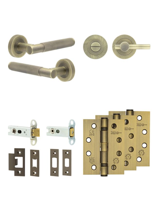 Complete Bari Door Handle Pack - Heavy Duty Tubular Bathroom (Plain Thumb Turn) - Antique Brass - 76mm / 4-inch Hinges - JE-D31A2-AB