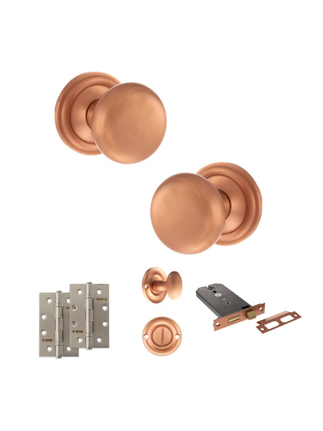 Old English Harrogate Door Knob Pack (Lock Set - Horizontal Bathlock, 4" Slim Knuckle Hinges x2) - Urban Satin Copper