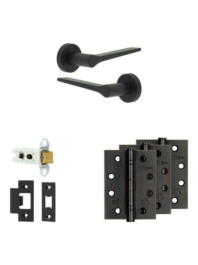 Complete Gio Door Handle Pack - Heavy Duty Latch - Matt Black - 64mm / 4-inch Hinges - JE-E20A-MB