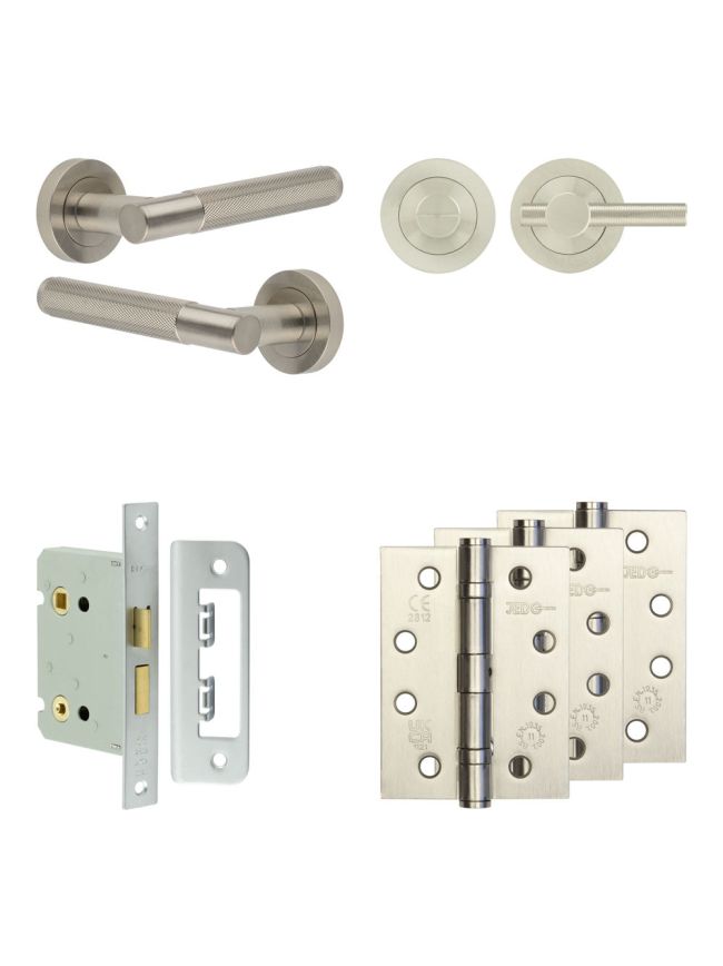 Complete Bari Door Handle Pack - Bathroom Lock (Knurled Thumb Turn) - Satin Nickel - 76mm / 4-inch Hinges - JE-D6A1-SN