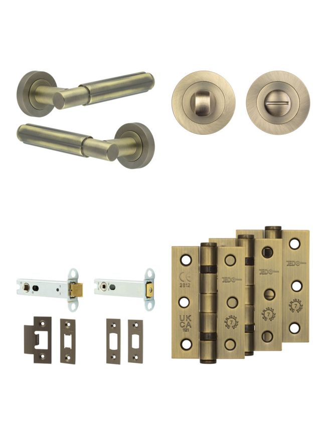 Complete Bloom Door Handle Pack - Heavy Duty Tubular Bathroom (Standard Thumb Turn) - Antique Brass - 102mm / 3-inch Hinges - JE-B32B3-AB