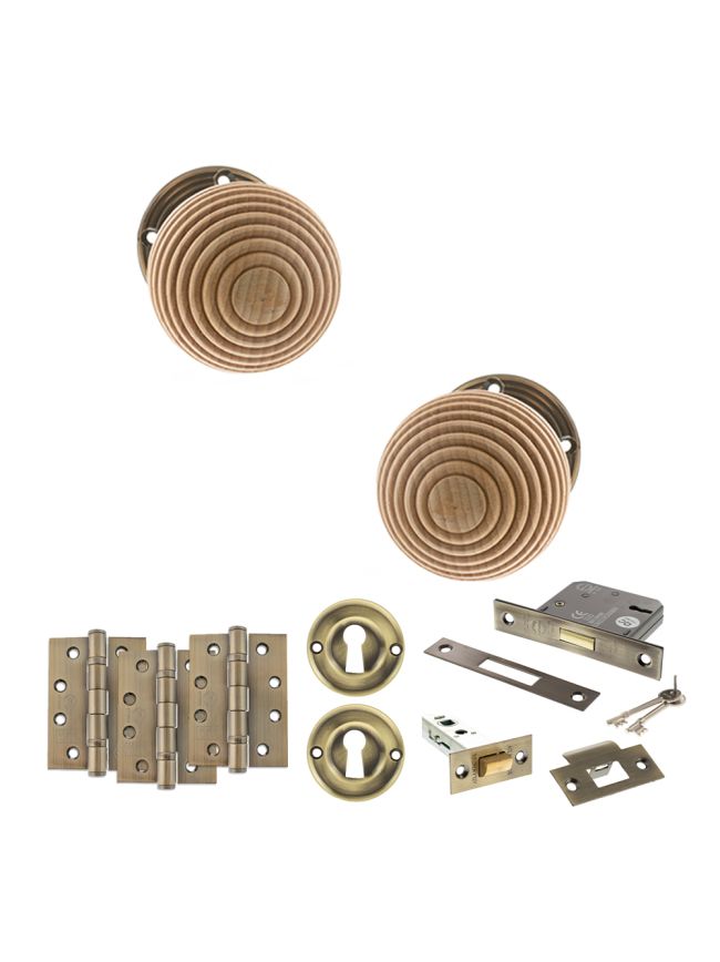 Old English Bridlington Door Knob Pack (Lock Set - 3" Latch & Deadlock, 4" Fire Rated Hinges x3) - Antique Brass
