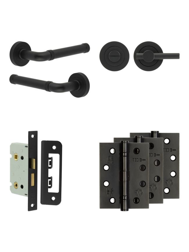 Complete Midtown Door Handle Pack - Bathroom Lock (Plain Thumb Turn) - Matt Black - 65mm / 4-inch Hinges - JE-G5A2-MB