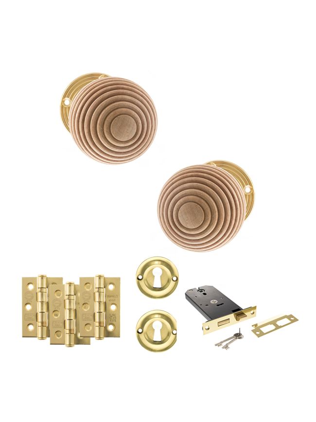 Old English Bridlington Door Knob Pack (Lock Set - Horizontal Sashlock, 3" Fire Rated Hinges x3) - Polished Brass