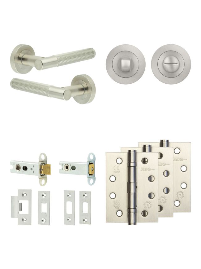 Complete Venice Door Handle Pack - Heavy Duty Tubular Bathroom (Standard Thumb Turn) - Satin Nickel - 76mm / 4-inch Hinges - JE-F31A3-SN