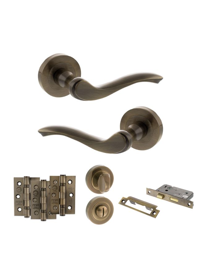 Old English Warwick Door Handle Pack (Bathroom Set - 2.5" CE Bathroom Lock, 3" Fire Rated Hinges x3) - Antique Brass