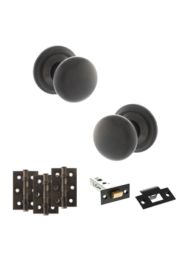 Old English Harrogate Door Knob Pack (Latch Set - 4" HD Latch, 3" Fire Rated Hinges x3) - Urban Dark Bronze
