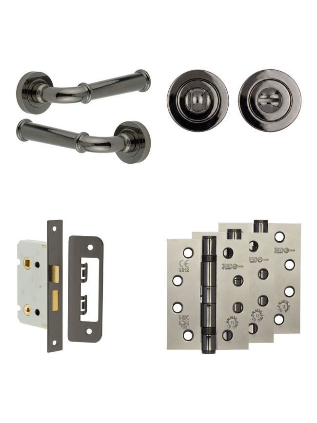 Complete Classic Door Handle Pack - Bathroom Lock (Standard Thumb Turn) - Black Nickel - 65mm / 4-inch Hinges - JE-A5A3-BN
