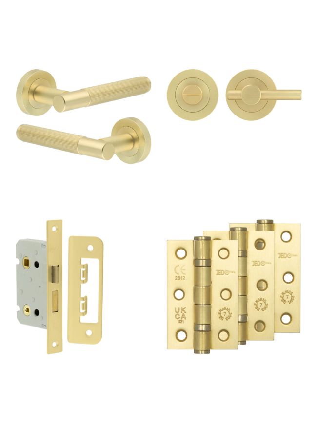 Complete Venice Door Handle Pack - Bathroom Lock (Plain Thumb Turn) - Satin Brass - 65mm / 3-inch Hinges - JE-F5B2-SB