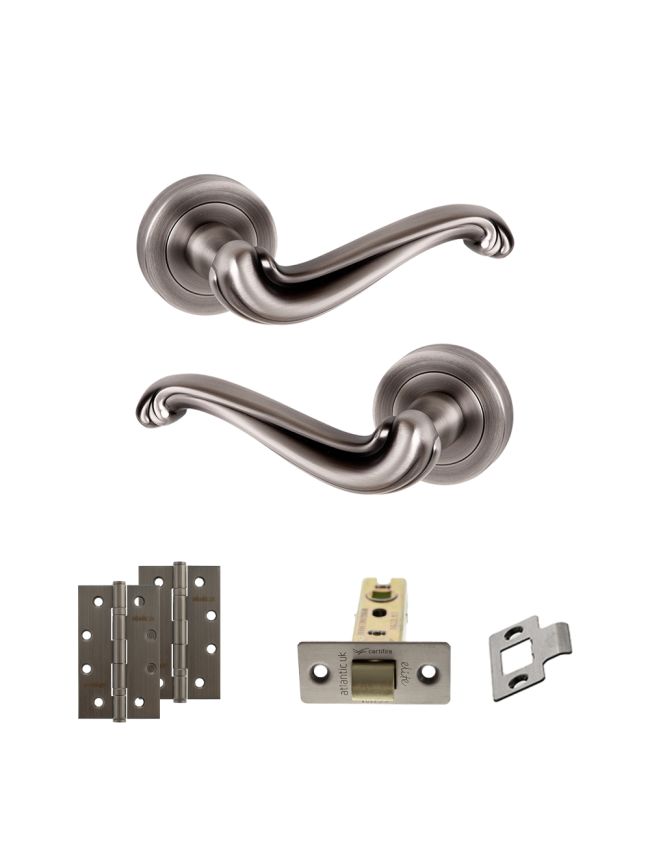 Old English Colchester Door Handle Pack (Latch Set - 2.5" CE Latch, 4" Slim Knuckle Hinges x2) - Matt Gun Metal