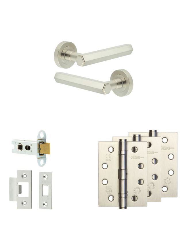 Complete Hex Door Handle Pack - Heavy Duty Latch - Satin Nickel - 64mm / 4-inch Hinges - JE-C20A-SN
