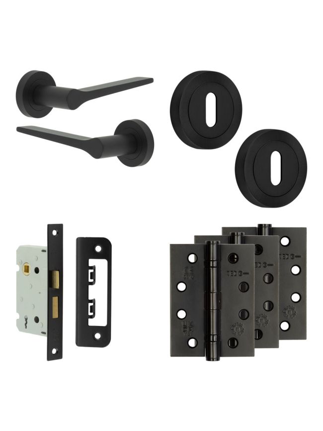 Complete Gio Door Handle Pack - Sashlock - Matt Black - 65mm / 4-inch Hinges - JE-E7A8-MB