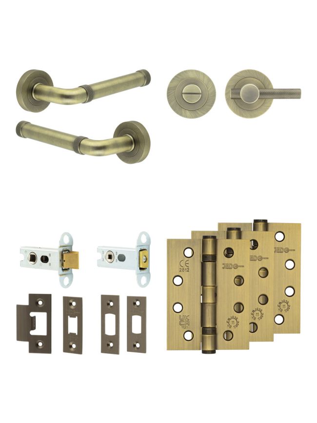 Complete Midtown Door Handle Pack - Heavy Duty Tubular Bathroom (Knurled Thumb Turn) - Antique Brass - 64mm / 4-inch Hinges - JE-G30A1-AB