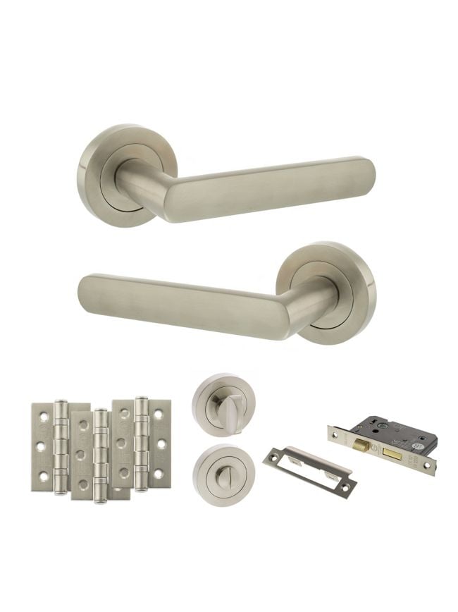 STATUS Carolina Door Handle Pack (Bathroom Set - 2.5" CE Bathroom Lock, 3" Fire Rated Hinges x3) - Satin Nickel