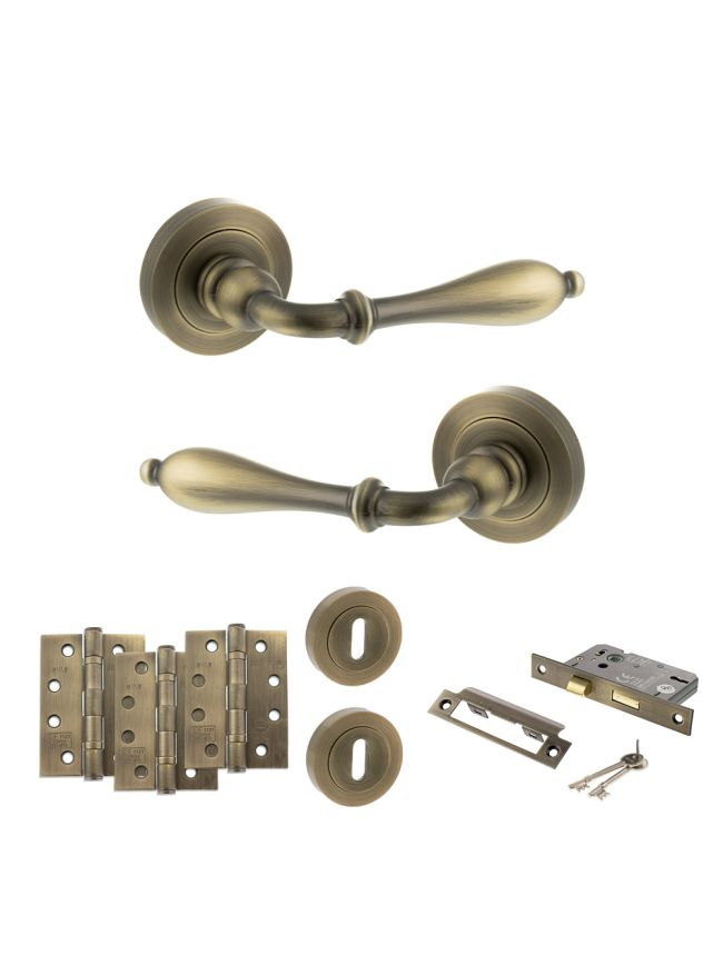 Old English Wrexham Door Handle Pack (3 Lever Lock Set - 3" CE Sashlock, 4" Fire Rated Hinges x3) - Matt Antique Brass