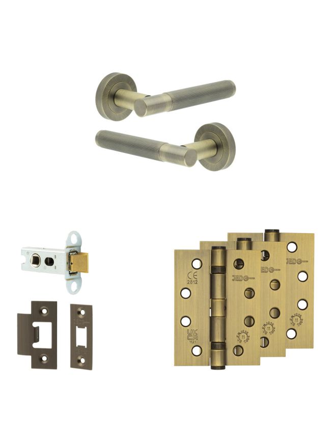 Complete Venice Door Handle Pack - Heavy Duty Latch - Antique Brass - 64mm / 4-inch Hinges - JE-F20A-AB