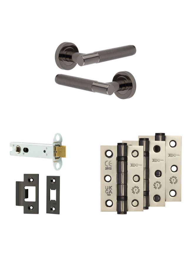 Complete Bari Door Handle Pack - Heavy Duty Latch - Black Nickel - 102mm / 3-inch Hinges - JE-D22B-BN
