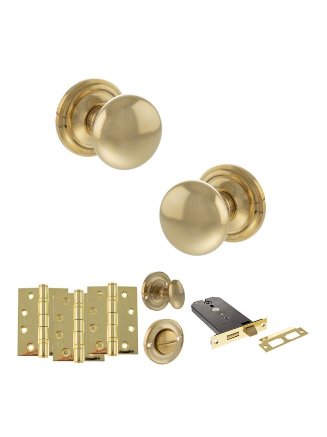 Old English Harrogate Door Knob Pack (Lock Set - Horizontal Bathlock, 4" Fire Rated Hinges x3) - Raw Brass