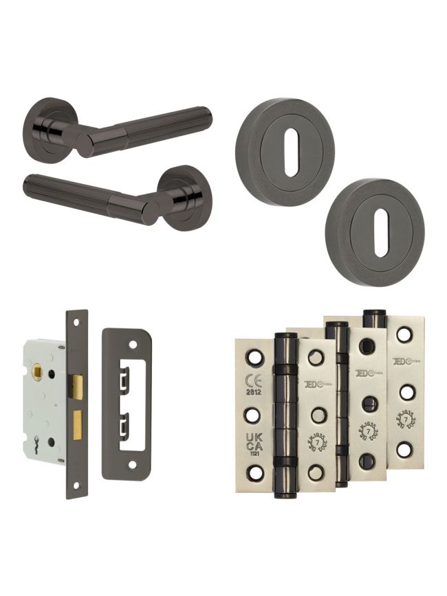 Complete Venice Door Handle Pack - Sashlock - Black Nickel - 65mm / 3-inch Hinges - JE-F7B8-BN