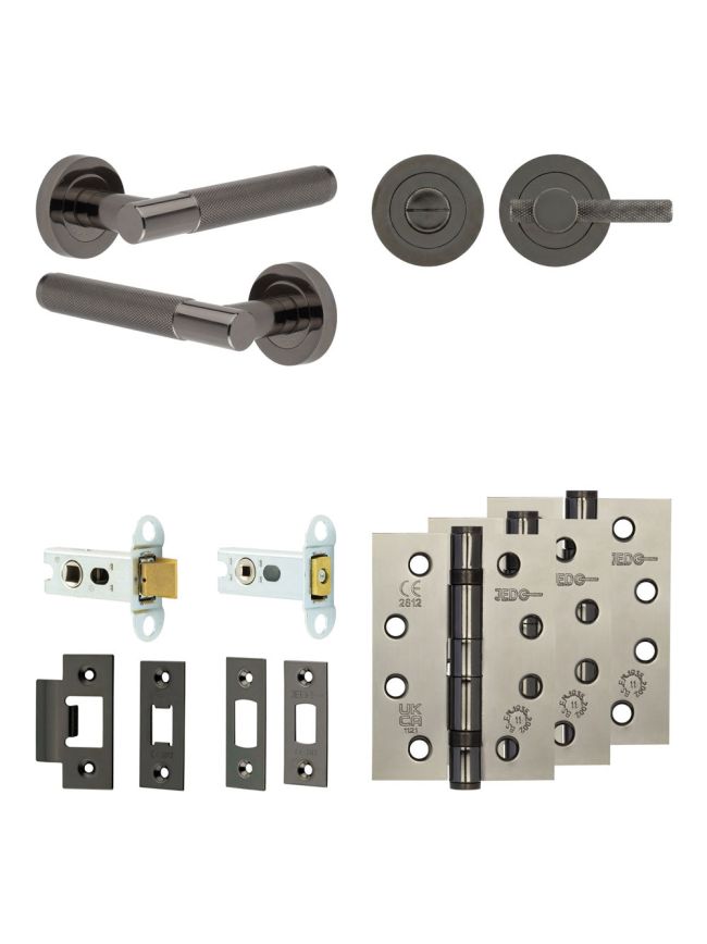 Complete Bari Door Handle Pack - Heavy Duty Tubular Bathroom (Knurled Thumb Turn) - Black Nickel - 64mm / 4-inch Hinges - JE-D30A1-BN