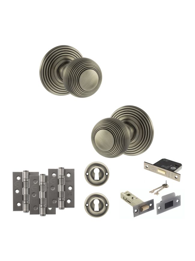 Old English Ripon Door Knob Pack (Lock Set - 3" Latch & Deadlock, 3" Fire Rated Hinges x3) - Matt Gun Metal