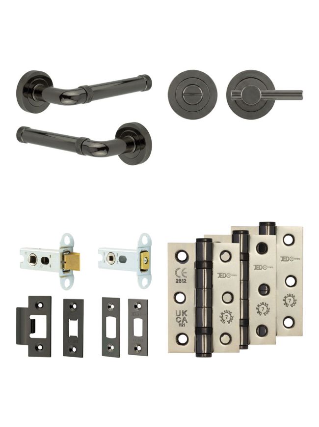 Complete Midtown Door Handle Pack - Heavy Duty Tubular Bathroom (Plain Thumb Turn) - Black Nickel - 64mm / 3-inch Hinges - JE-G30B2-BN