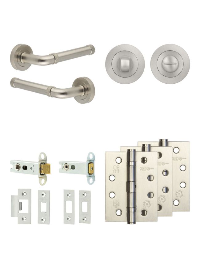 Complete Midtown Door Handle Pack - Heavy Duty Tubular Bathroom (Standard Thumb Turn) - Satin Nickel - 76mm / 4-inch Hinges - JE-G31A3-SN