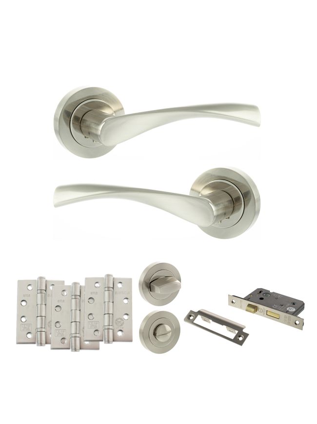 Eco Aqua Door Handle Pack (Bathroom Set - 3" CE Bathroom Lock, 4" Fire Rated Hinges x3) - Satin Nickel/Nickel Plate