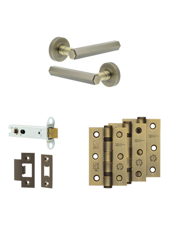 Complete Hex Door Handle Pack - Heavy Duty Latch - Antique Brass - 102mm / 3-inch Hinges - JE-C22B-AB