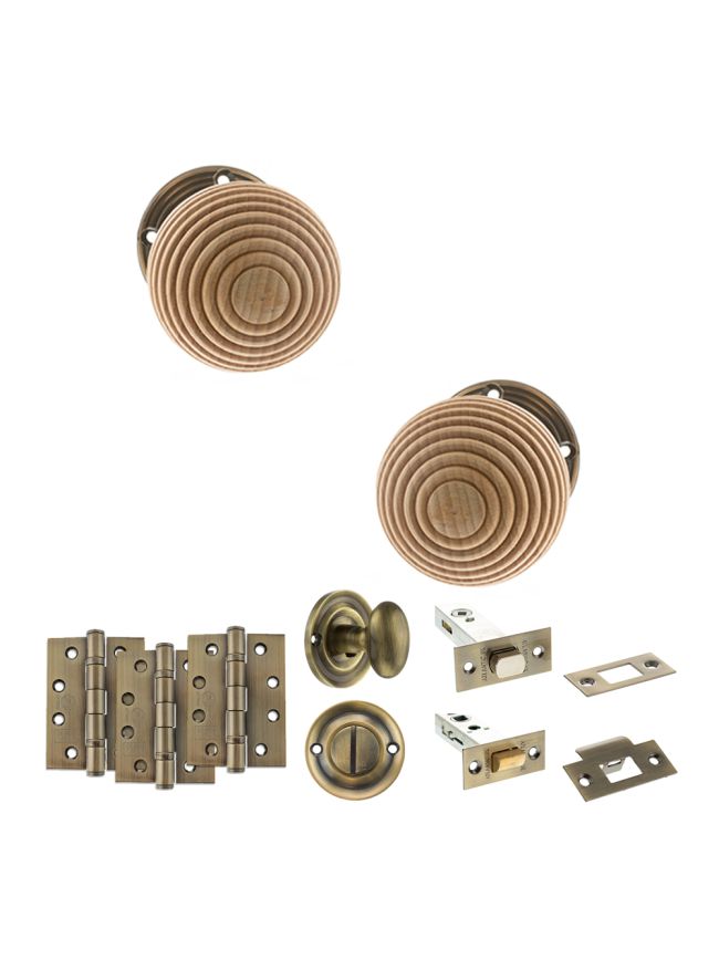 Old English Bridlington Door Knob Pack (Bathroom Set - 4" Deadbolt, 4" Fire Rated Hinges x3) - Antique Brass