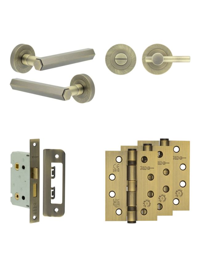 Complete Hex Door Handle Pack - Bathroom - Antique Brass - By Frelan Hardware - JE-C5A2-AB