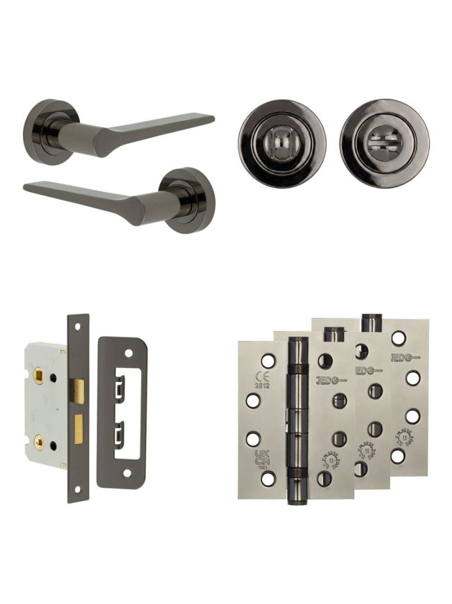 Complete Gio Door Handle Pack - Bathroom Lock (Standard Thumb Turn) - Black Nickel - 65mm / 4-inch Hinges - JE-E5A3-BN